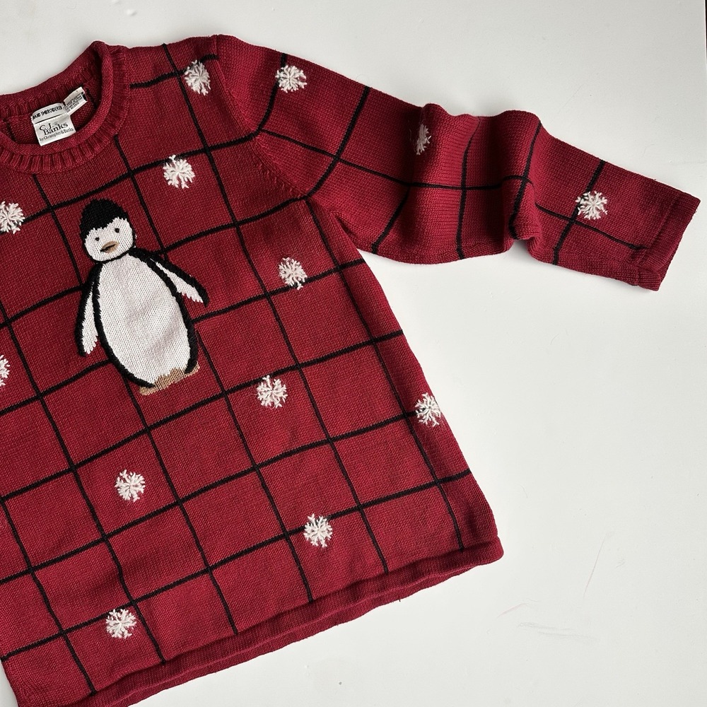 Vintage Christopher & Banks Sweater Red Plaid Holiday Penguin Hand Embroidered